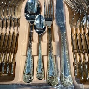 Luxury 18/10 stainless steel with gold plating Greek key design, for 12 ppl